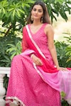 Shop_Maison Shefali_Pink Cotton Dupatta Kota Doria V Neck Leheriya Anarkali With _Online_at_Aza_Fashions