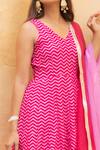 Maison Shefali_Pink Cotton Dupatta Kota Doria V Neck Leheriya Anarkali With _at_Aza_Fashions