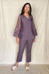 Buy_Chambray & Co._Purple Chanderi Tissue Embroidery V Neck Shirt _at_Aza_Fashions