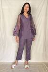 Buy_Chambray & Co._Purple Chanderi Tissue Embroidery V Neck Shirt With Pants _at_Aza_Fashions