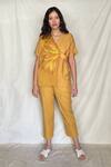 Buy_Chambray & CO._Yellow Chanderi Tissue, Vegan Silk V Neck Embroidered Shirt With Pants_at_Aza_Fashions