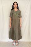 Buy_Chambray & CO._Green Chanderi Tissue, Vegan Silk V Neck Embroidered Tunic _Online_at_Aza_Fashions