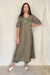 Buy_Chambray & CO._Green Chanderi Tissue, Vegan Silk V Neck Embroidered Tunic With Pants _at_Aza_Fashions