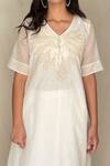 Chambray & CO._White Chanderi Tissue, Vegan Silk V Neck Embroidered Tunic _at_Aza_Fashions