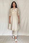 Buy_Chambray & CO._White Cotton, Chanderi With Zari Stripes Round Embroidered Tunic _at_Aza_Fashions