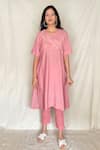 Buy_Chambray & CO._Pink Handwoven Cotton With Zari Checks, Vegan Silk V Embroidered Tunic Pants _at_Aza_Fashions