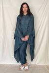 Buy_Chambray & Co._Blue Chanderi Tissue Embroidery Mandarin Collar Kaftan Tunic _Online_at_Aza_Fashions