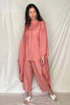 Buy_Chambray & Co._Pink Chanderi Tissue Embroidery Mandarin Collar Kaftan Tunic _at_Aza_Fashions