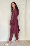 Chambray & Co._Maroon Chanderi Tissue Embroidery V Neck Asymmetric Tunic _Online_at_Aza_Fashions