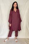 Buy_Chambray & Co._Maroon Chanderi Tissue Embroidery V Neck Asymmetric Tunic _Online_at_Aza_Fashions