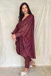 Shop_Chambray & Co._Maroon Chanderi Tissue Embroidery V Neck Asymmetric Tunic _Online_at_Aza_Fashions