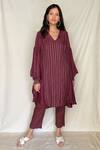 Buy_Chambray & Co._Maroon Chanderi Tissue, Vegan Silk V Embroidered Asymmetric Tunic With Pants_at_Aza_Fashions