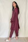 Chambray & Co._Maroon Chanderi Tissue, Vegan Silk V Embroidered Asymmetric Tunic With Pants_Online_at_Aza_Fashions