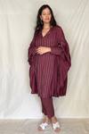 Shop_Chambray & Co._Maroon Chanderi Tissue, Vegan Silk V Embroidered Asymmetric Tunic With Pants_Online_at_Aza_Fashions