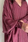 Chambray & Co._Maroon Chanderi Tissue, Vegan Silk V Embroidered Asymmetric Tunic With Pants_at_Aza_Fashions