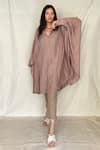 Buy_Chambray & Co._Beige Chanderi Tissue Embroidery V Neck Tunic _at_Aza_Fashions