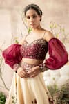 Kalista_Maroon Dola Silk Sleeves Organza Embroidery Printed Lehenga And Blouse Set _Online_at_Aza_Fashions