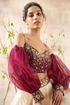 Buy_Kalista_Maroon Dola Silk Sleeves Organza Embroidery Printed Lehenga And Blouse Set _Online_at_Aza_Fashions