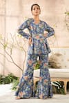 Buy_Kalista_Blue Cotton Silk V Neck Printed Top And Pant Set _at_Aza_Fashions