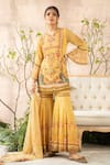 Buy_Kalista_Yellow Georgette Embroidery Round Printed Sharara Set _at_Aza_Fashions