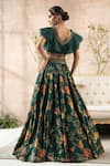 Shop_Kalista_Green Lehenga Dola Silk Blouse Organza V Neck Printed And Ruffle Set _at_Aza_Fashions