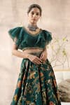 Kalista_Green Lehenga Dola Silk Blouse Organza V Neck Printed And Ruffle Set _Online_at_Aza_Fashions
