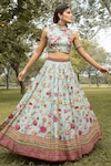 Kalista_Blue Dola Silk Embroidery Band Collar Printed Lehenga Set_Online_at_Aza_Fashions