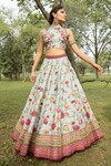 Buy_Kalista_Blue Dola Silk Embroidery Band Collar Printed Lehenga Set_at_Aza_Fashions