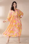 Shop_Archana Shah_Yellow Bamberg Crepe Embroidery Round Floral Print Dress _Online_at_Aza_Fashions