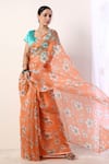 Buy_Label Nitika_Orange Chanderi Embroidery Leaf Neck Organza Printed Saree With Blouse _at_Aza_Fashions