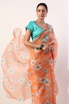Buy_Label Nitika_Orange Chanderi Embroidery Leaf Neck Organza Printed Saree With Blouse _Online_at_Aza_Fashions