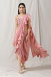 Buy_Label Nitika_Pink Bamber Silk Embroidery Ruffle Pre-draped Saree With Blouse  _at_Aza_Fashions