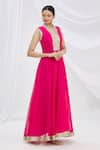 Buy_Samyukta Singhania_Pink Georgette Sequins V-neck Flared Embroidered Kurta _at_Aza_Fashions