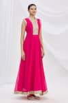 Samyukta Singhania_Pink Georgette Sequins V-neck Flared Embroidered Kurta _Online_at_Aza_Fashions