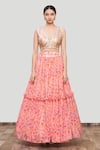 Buy_Neha Khullar_Peach Georgette Embroidery Cape Open Blouse V-neck Printed And Lehenga Set_Online_at_Aza_Fashions