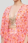 Neha Khullar_Peach Georgette Embroidery Cape Open Blouse V-neck Printed And Lehenga Set_at_Aza_Fashions