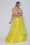 Shop_Preeti S Kapoor_Yellow Dupion Embroidery Cape Open Blouse V-neck And Lehenga Set _Online_at_Aza_Fashions