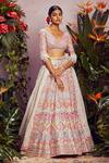 Buy_Aneesh Agarwaal_Grey Soft Organza Lining Shantoon V Neck Bridal Lehenga Set _at_Aza_Fashions