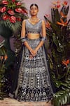 Buy_Aneesh Agarwaal_Blue Flat Chiffon Lining Shantoon Embroidery V Neck Bridal Lehenga Set _at_Aza_Fashions