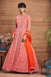 Buy_Aneesh Agarwaal_Orange Georgette Embroidery V Neck Printed Anarkali With Organza Dupatta_at_Aza_Fashions