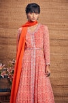 Aneesh Agarwaal_Orange Georgette Embroidery V Neck Printed Anarkali With Organza Dupatta_Online_at_Aza_Fashions