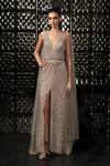 Rohit Gandhi + Rahul Khanna_Beige Polyester Draped Slit Trail Gown_Online_at_Aza_Fashions