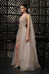 Buy_Rohit Gandhi + Rahul Khanna_Beige Polyester Draped Slit Trail Gown_Online_at_Aza_Fashions