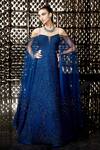 Buy_Rohit Gandhi + Rahul Khanna_Blue Polyester Cold Shoulder Draped Gown_at_Aza_Fashions