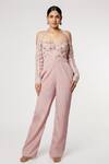 Buy_Masumi Mewawalla_Peach Habutai Embroidery Sweetheart Neck Halter Jumpsuit _at_Aza_Fashions