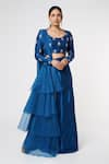 Buy_Masumi Mewawalla_Blue Dupion Embroidery Round Blouse And Layered Lehenga Set  _at_Aza_Fashions