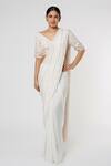 Buy_Masumi Mewawalla_White Silk Embroidery V Neck Saree With Blouse  _at_Aza_Fashions