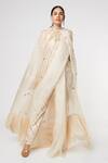 Masumi Mewawalla_Beige Dupion Embroidery High Neck Pant Saree And Cape Set  _Online_at_Aza_Fashions