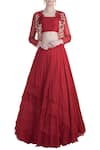 Buy_Masumi Mewawalla_Red Chiffon Embroidery Neckline Top Square Jacket Open And Layered Lehenga Set _at_Aza_Fashions