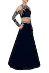 Buy_Masumi Mewawalla_Blue Velvet Embroidery Round Cold Shoulder Blouse And Lehenga Set _at_Aza_Fashions